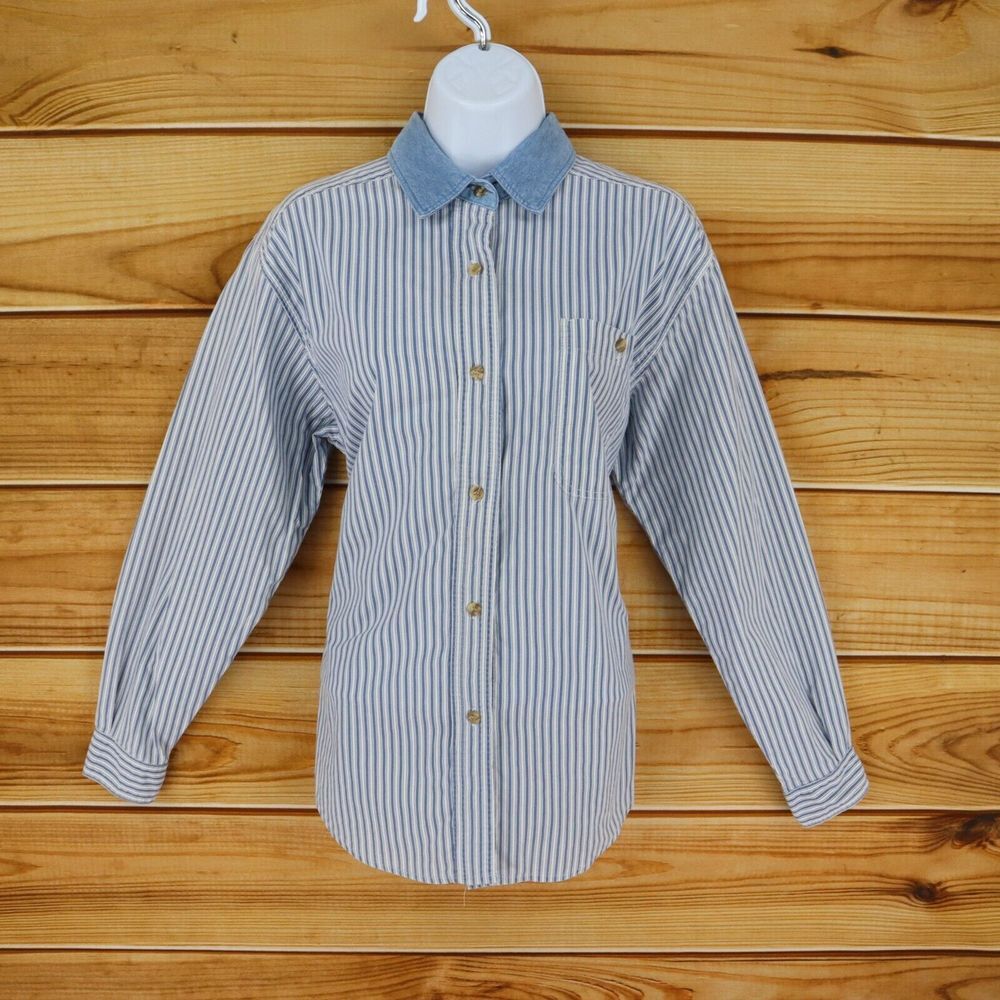Button Up Shirt Collared Womens Size S Blue White Striped Long Sleeve Pennylane